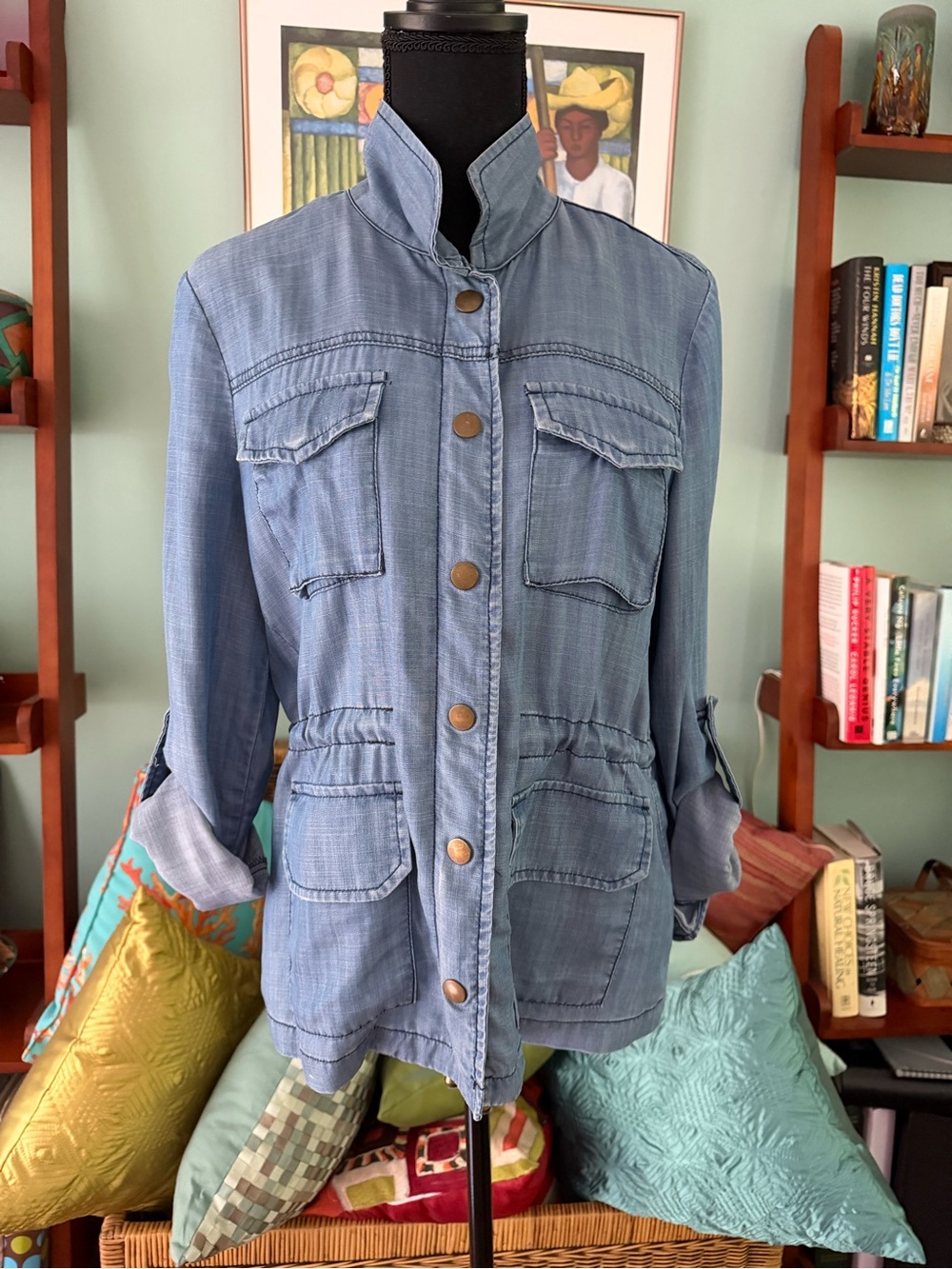 Maison Jules Denim Blue Utility Jacket/Blouse with Stand Collar